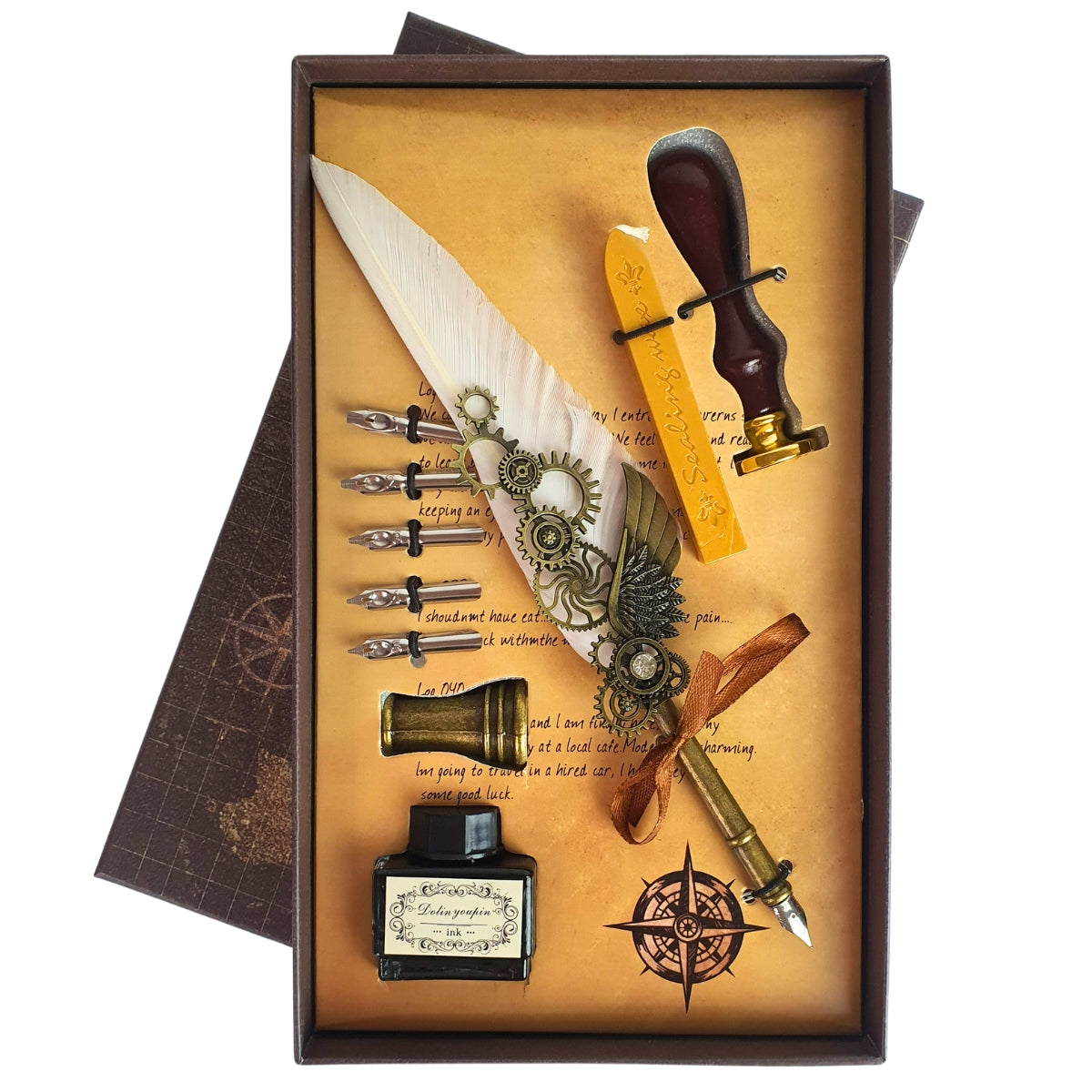 Kit Caneta Tinteiro de Pena Branca com Engrenagens e Carimbo Kit Caneta Tinteiro de Pena Branca com Engrenagens e Carimbo